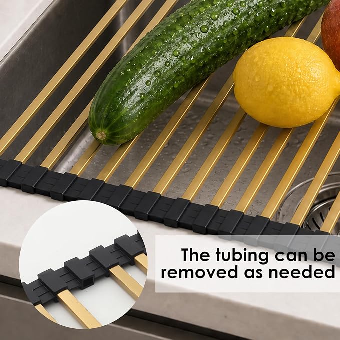Roll Up Dish Drying Rack 15 Tube 11.42" x 17.72" Kitchen Sink Rack Over the Sink Dish Drying Rack Stainless Steel Dish Rack Heat-Resistant Dish Drainer, Gold - Image 5
