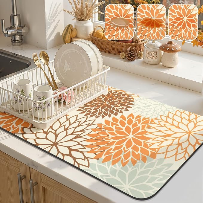 Findosom Fall Dish Drying Mat, 12" x 20" Super Absorbent Dish Mat with Floral, Hide Stain Drying Mat for Kitchen Counter, Under Dish Rack, Coffee Maker, Espresso Machine, Orange by Findosom
