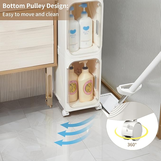 2-Tier Narrow Storage Cabinet Slim Bathroom Skinny Organizer with Wheels | Slim Storage Cabinet with Lockable Rolling Wheels Adjustable Detachable Shelves Snap Assembly for Small Spaces,Snow White - Image 6