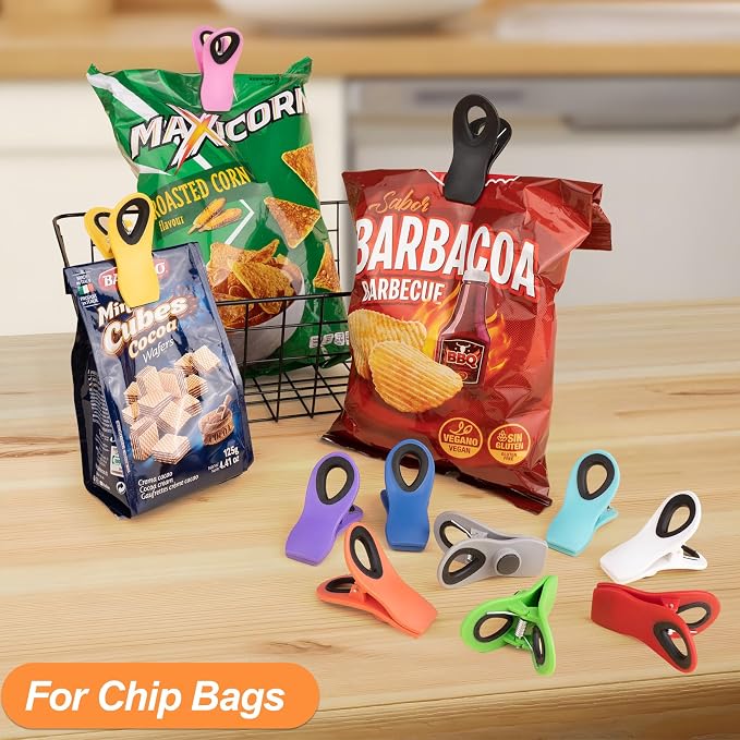 JETMORE 30 Pack Chip Clips Magnetic, Multicolor Food Clips for Bags, Office | Bulk color assortment supports home, office and events, bag clips close snacks, while magnetic chip clips keep notes visible - Image 4
