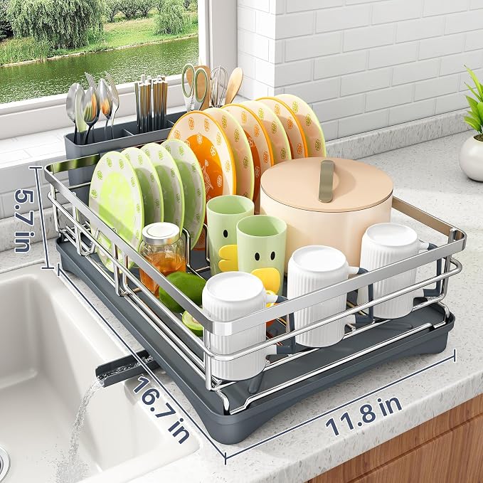 SAYZH Dish Drying Rack for Kitchen Counter with Utensil Holder, Silver | Stainless Steel, Large Capacity, Angled Drainboard, Rotating Spout, Removable to Clean - Image 5
