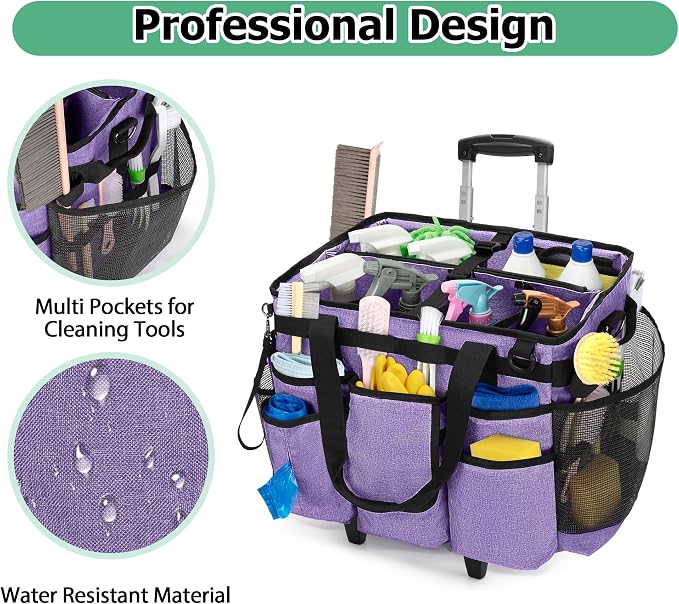 LoDrid Professional Rolling Cleaning Bag with Detachable Trolley, Purple | Portable Cleaning Cart with Shoulder Strap for Housekeepers, Patent Design - Image 3