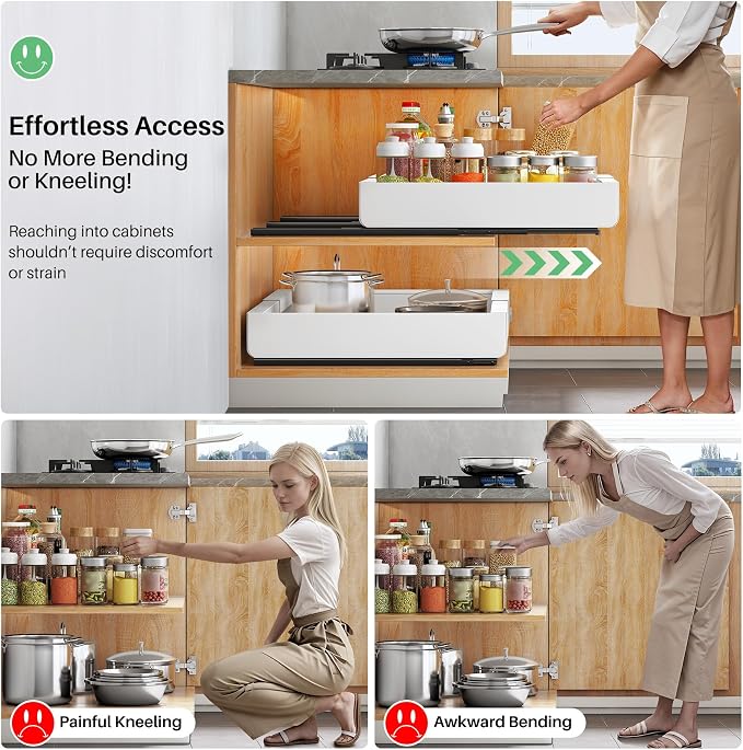 Pull out Cabinet Organizer, Wider Expandable(14"-24") Heavy Duty Slide out Drawers Fixed with Adhesive Nano Film for Pots, Roll out Shelf Storage for Kitchen Cabinet Organization(White-2pcs)(3 Rails) - Image 8