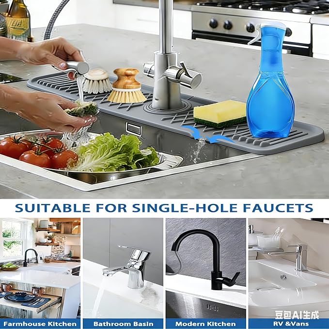 24 Inch Silicone Faucet Mat for Kitchen Sink, 7° Slope Fast Self-Draining Sink Splash Guard, Kitchen Sink Water Catcher Organizer, Kitchen Sink Accessories (Gray, 24''x5.6'') - Image 2