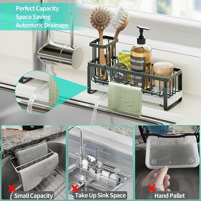 HapiRm Sponge Holder for Kitchen Sink - Self-draining Sink Caddy with Brush and Dishcloth Holders, Stainless Steel Kitchen Organizer for Countertop - Green - Image 7
