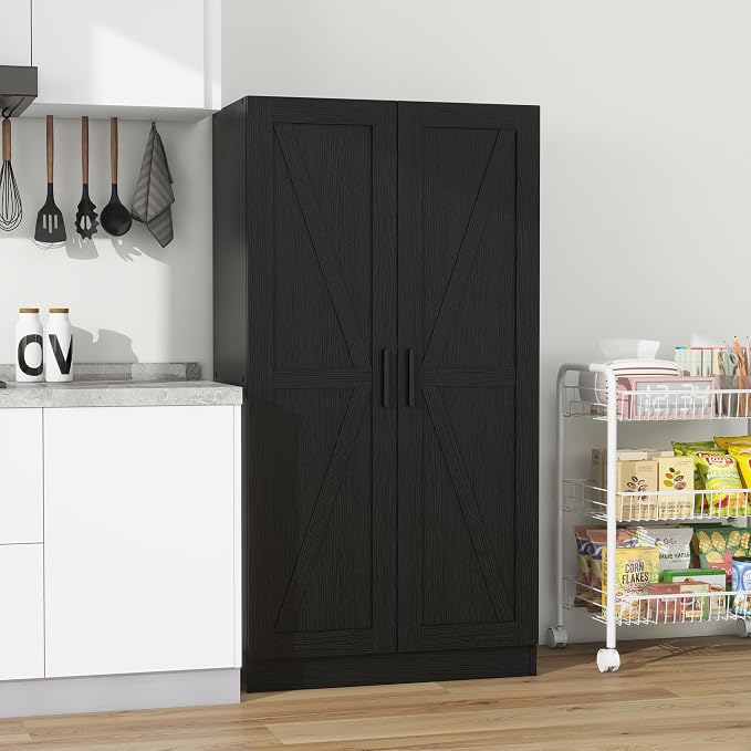 Wooden Storage Cabinet, Collection Food Pantry Narrow Cabinet Free Standing with 2 Doors and 3 Shelves Tool Cabinet, for Kitchens, Living Room, Utility Rooms (Black) - Image 2