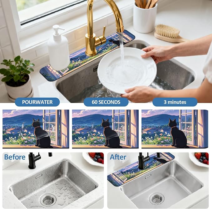 2 Pcs Kitchen Sink Splash Guard Faucet Mat Windowsill Cat Pattern Faucet Mat for Sinks Flower Absorbing Drying Mats for Kitchen Bathroom - Image 5