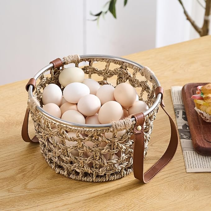 Farmhouse Seagrass Egg Baskets - Handmade Wicker Egg Collecting Basket with Handle - Image 2
