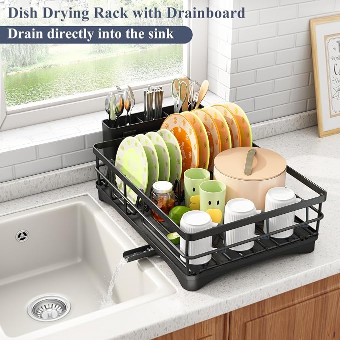 SAYZH Dish Drying Rack for Kitchen Counter with Utensil Holder, Black | Stainless Steel, Large Capacity, Angled Drainboard, Rotating Spout, Removable to Clean - Image 3