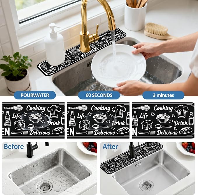 2 Pcs Graffiti Pattern Kitchen Sink Splash Guard Faucet Mat | Digital Painting Faucet Mat for Sinks Absorbing Drying Mat for Kitchen Bathroom, 23.6x5.5inch - Image 5