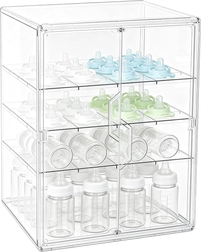 ERTIUANIO Baby Bottle Organizer for Countertop Cabinet Storage | 4 Tier Adjustable Clear Acrylic Station Container with 3 Removable Dividers for Vanity, Bathroom, Nursery, Gifts for New Mom by ERTIUANIO