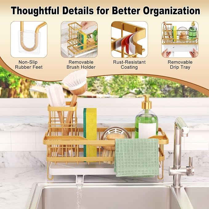 Sponge Holder for Kitchen Sink, Self-draining Sink Caddy, Gold | Metal Countertop Organizer with Towel Rack & Brush Holder, Rustproof Sink Storage Rack for Dish Soap and Cleaning Essentials - Image 7