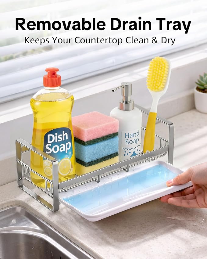 HULISEN Large Kitchen Sponge Holder, 304 Stainless Steel Sink Caddy, Grey | Removable Drain Tray, Holds Sponges Soap Bottles Brushes, Countertop Storage, No Dispenser or Brush - Image 4