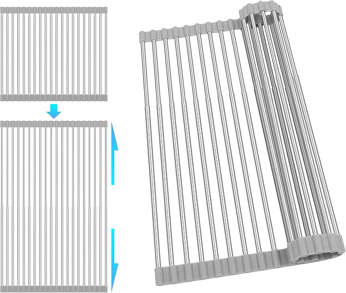 Roll Up Dish Drying Rack Over the Sink 12.5"-21.6" Expandable | 304 Stainless Steel Foldable Sink Drying Rack, Dish Drainer for Kitchen Sink, Dish Dryer Rack Mat for Kitchen Counter, Gray by romise