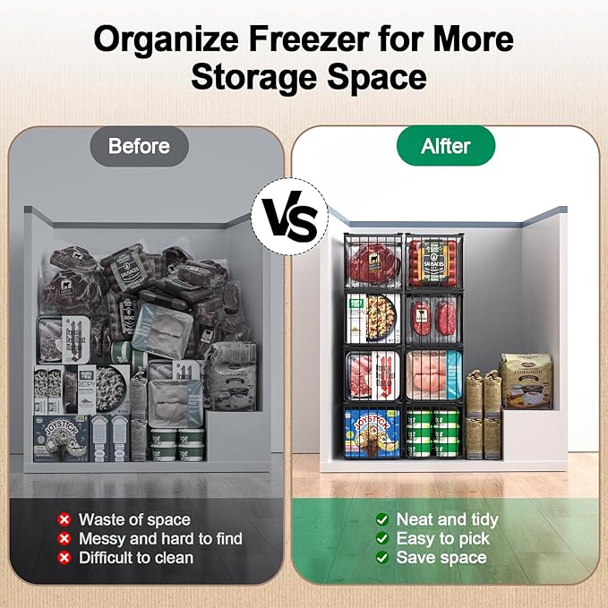 Freezer Organizer Bins, 6 Pack Big Baskets for 5/ 7 Cu.FT Deep Freezer | Stackable Chest Freezer Organizer Bins, Foldable Baskets with Handles, Black Storage Container Baskets for Sort Frozen Meats - Image 6