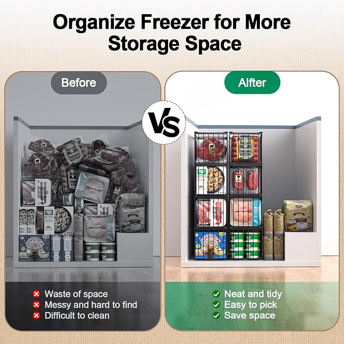 Freezer Organizer Bins, 4 Pack Big Baskets for 5/ 7 Cu.FT Deep Freezer | Stackable Chest Freezer Organizer Bins, Foldable Baskets with Handles, Black Storage Container Baskets for Sort Frozen Meats - Image 6