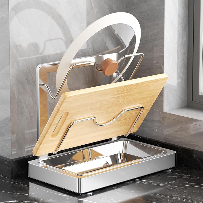 2 in 1 Stainless Pot lid holder & Cutting board holder for Kitchen, 2-Tier | Compact size with detachable drip tray, Kitchen Pot Lids Storage Rack and Organizer for various lid sizes & handles. by Unknown