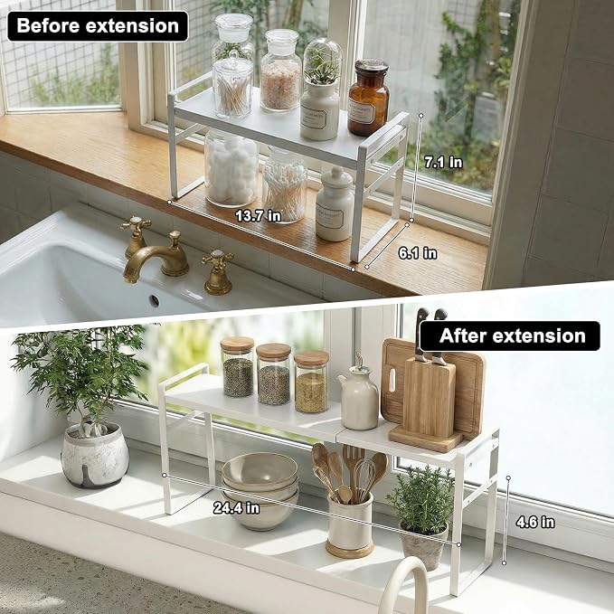 Over The Sink Shelf,Expandable Window Sill Shelf for Plants Small Tall Shelves Stackable Kitchen Organizer Shelves for Bathroom Kitchen Narrow Spaces Countertop,White - Image 3