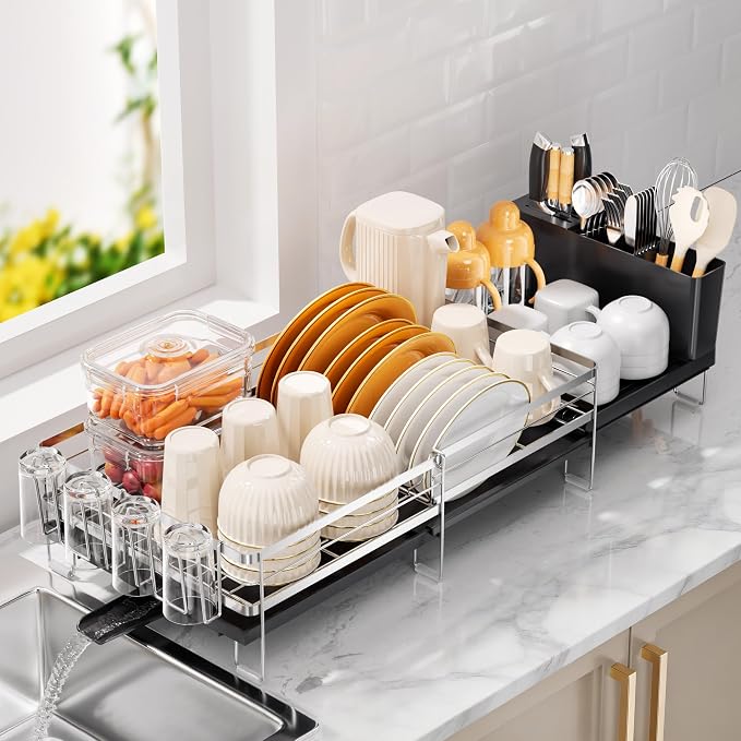 Delamu Stainless Steel Dish Drying Rack, Expandable Dish Drainer | Anti-Rust Dish Racks for Kitchen Counter, Dish Strainers with Drainboard, Utensil & Cup Holder, 13.4"-28.7" L x 11.8" W by DELAMU