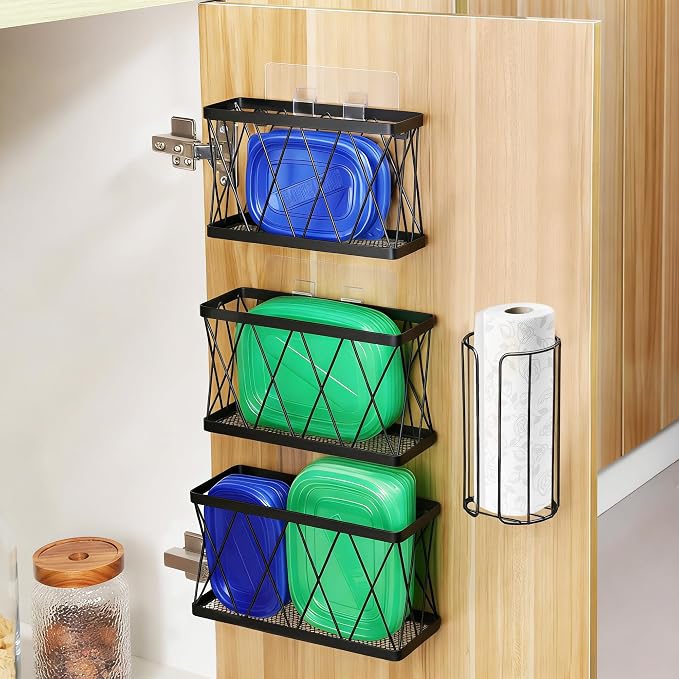 YIGII 3 Pack Adhesive Cabinet Organizer - Pantry Door Organizer Bin Holder for Tupperware Lid Kitchen, Black Stainless Steel - Image 5