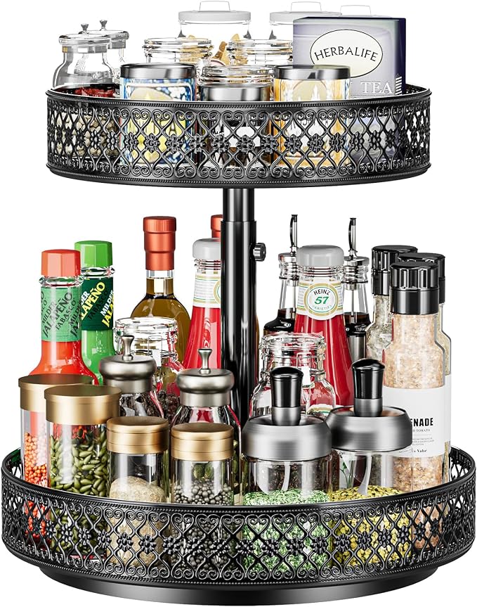 2 Tier Lazy Susan Organizer - Adjustable Rotating Spice Rack 12 inch | Floral Turntable Lazy Susan for Cabinet Pantry Kitchen Countertop Table Top Cupboard Bathroom Vanity Storage Metal Black by OVICAR