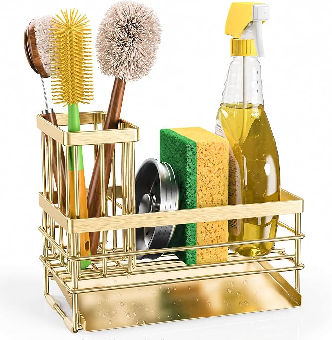 Cisily Gold Sink Caddy Sponge Holder for Kitchen with Brush Holder and Stainless Steel Self Drain Tray, Rustproof Kitchen Sink Organizer for Sponge, Soap Dispenser Storage Accessories - Image 8