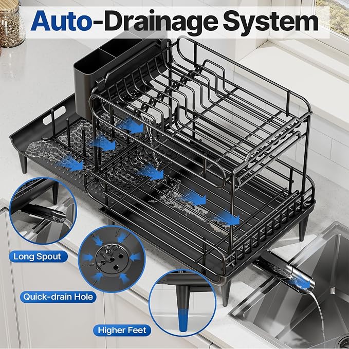 Urackify Dish Drying Rack for Kitchen Counter, Expandable 2 Tier Dish Rack, Large Capacity Dish Drainer with Drainboard Multifunctional Dish Strainer with Removable Cutlery Holder Black | 2 Tier. Expands from 16.9 to 26.6 inches to fit more dishes, wit... - Image 7