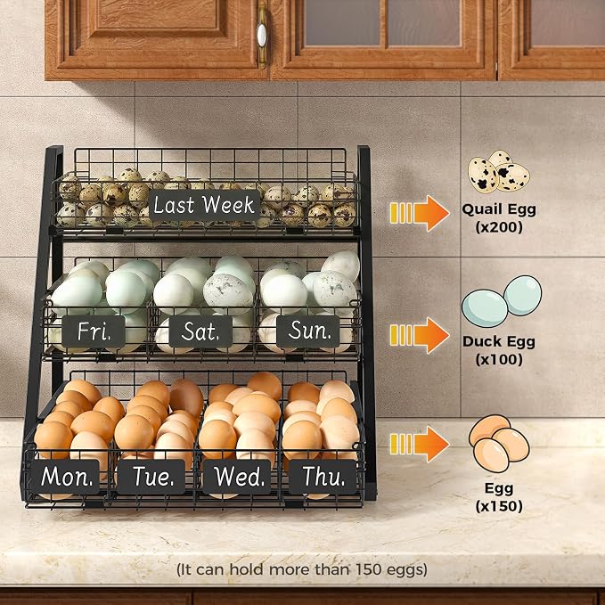 Egg Holder Countertop with 3 Pull-Out Tier Baskets, Black | Sturdy Metal Frame, 5 Adjustable Dividers,7 Date Tags, Egg Basket for Gathering Fresh Eggs, Chicken Coop Accessories - Image 9