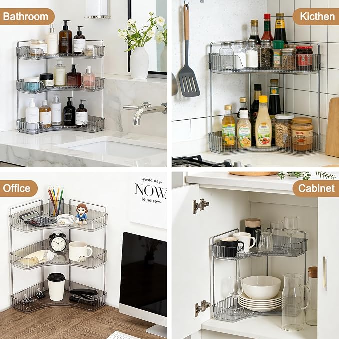 Corner Bathroom Counter Organizer, Vanity Organizer - Countertop Corner Shelf for Makeup Storage,Spice Racks for Kitchen Corner (Gray, 3-Tier) - Image 7