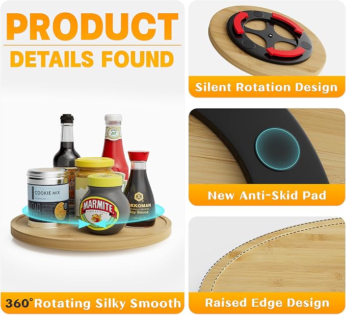 Lazy Susan Organizer Homerays 10 Inch Non-Skid Bamboo Lazy Susan for Kitchen Rotating Spice Rack for Kitchen Cabinet, Wood Turntable for Kitchen Countertop Organizer - Image 5