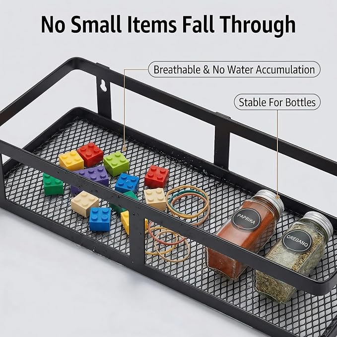 PUSDON 2-Pack Minimalist Shower Caddy Wall Mount, Open Frame Bathroom Shelf Organizer with Mesh Base, Rustproof Floating Spice Rack for Kitchen, Holds 50 LBS, 4 Hooks - Matte Black, Guardrail - Image 5