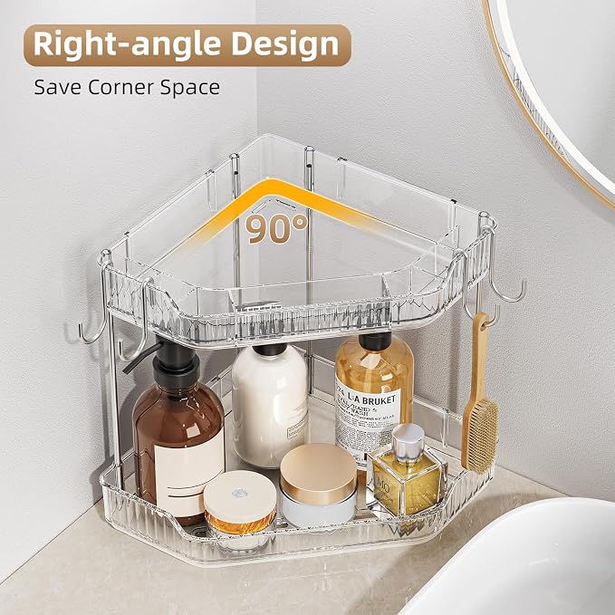 VITVITI 2 Tier Corner Bathroom Counter Organizer, Bathroom Countertop Organizer Storage for Sink, Plastic Makeup Organizer for Vanity Countertop Kitchen with Hooks, Clear - Image 5