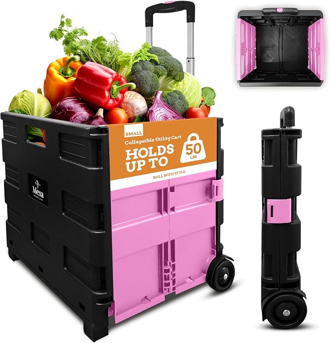 Inspired Living Ultra-Slim Rolling Collapsible Storage Pack-N-Roll Utility-carts, with Telescopic Handle, for Home, Garden, Shopping, Office, School use, Medium, Pink & Black by Inspired+Living