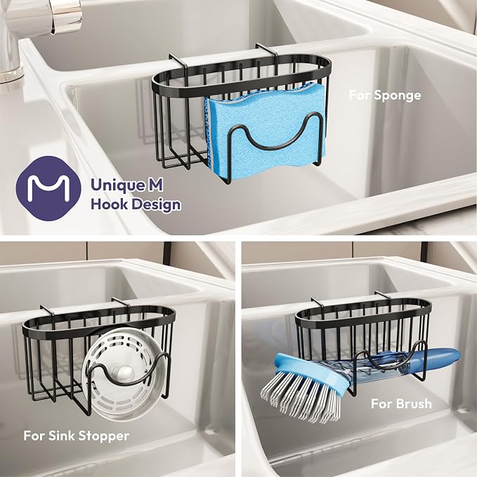 SWTYMIKI Sponge Holder for Kitchen Sink - Movable Kitchen Sink Caddy with M Shape Hook, Stainless Steel Hanging Sponges Caddy Organizer in Double Bowl Sinks Depth>3.15in, Middle Divider<1.5in, Black - Image 3