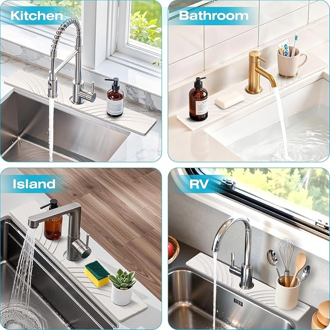 SpaceHacks Stone Faucet Mat for Kitchen Sink 23.7x4 in, White | Fast Drying Diatomite Stone Drying Mat, Water Splash Guard, Textured Drainage Sink Protector, Suits Bathroom&Kitchen Counter - Image 6