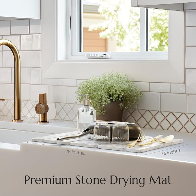 Stone Drying Mat for Kitchen Counter - Collapsible Diatomaceous Earth Dish Drying Stone - Fast Absorbent Stone Dish Drying Mat for Dishes and Pots (White Marble) - Image 5