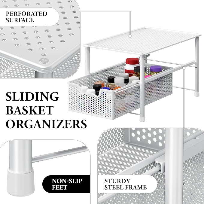 Simple Houseware Stackable Under Sink Sliding Basket Drawer, White | Perforated Free Standing Organizer, Kitchen/Pantry/Cabinet/Counter - Image 4