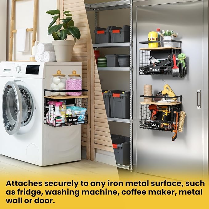 [WIDER SHELF] 2 SET Strong Magnetic Shelf Basket for Fridge with Tag & Bamboo Top, XXL Large Magnetic Spice Rack Shelves for Side of Refrigerator, Kitchen Pantry Storage Organizer for Food Fruit Veg - Image 8