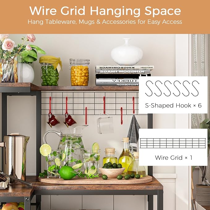 4-Tier L-Shaped Baker's Rack with Power Outlet, Corner Coffee Bar, Brown | Kitchen Appliance Storage, Pull Out Basket, 6 Hooks and Flexible Installation Options for Kitchen, Balcony, Living Room - Image 6