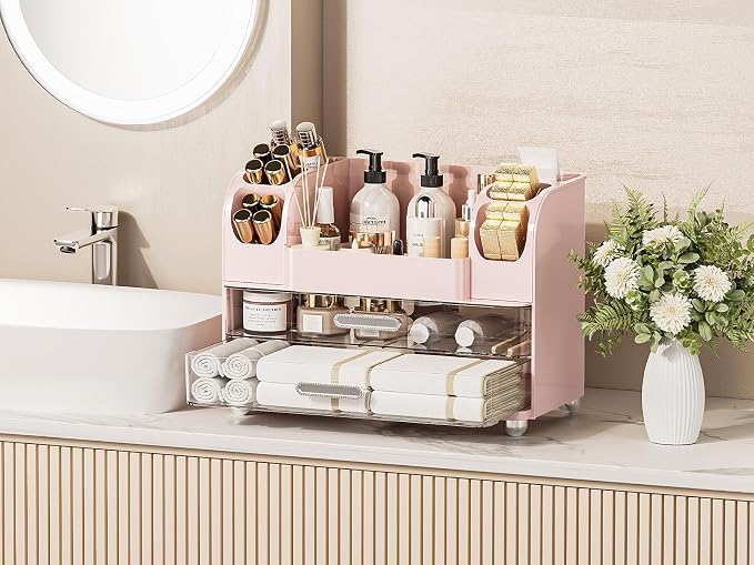 Delamu Large Makeup Organizer Countertop with 6 Brush Holders, Pink | Vanity Organizer with 2 Drawers, Gift for Women & Girls, Holds Perfume, Skincare, Lipstick, Nail Polish & Hair Accessories - Image 5