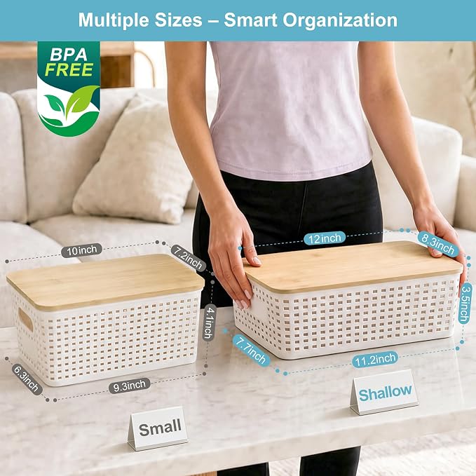 4 Pack Plastic Storage Bins with Bamboo Lids, 6.2qt Stackable Storage Organizer Box with Lable for Pantry Shelves Drawers Desktop Office, 12"L x 8.3"W x 3.5"H, Cream White - Image 9
