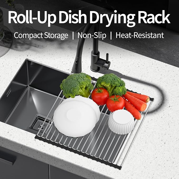 Dish Drying Rack with Roll Up and Over Sink for Kitchen 17"X15.7" (Black) - Image 3