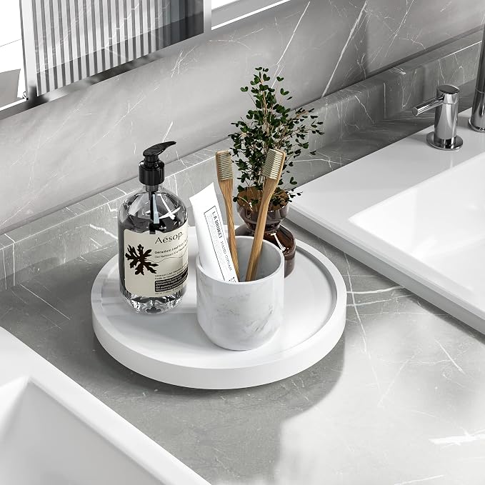 Turntable Vanity Tray, 9 Inch Bamboo Kitchen Sink Countertop Organizer | Perfume Candle Tray, Keep Glass Sponge and Soap, Bathroom Countertop Organizer, White by VeyFey