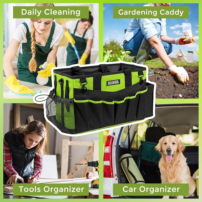 SCAVATA Wearable Cleaning Caddy Bag, Cleaning Caddy Supplies Organizer with Handle & Shoulder Straps for Housekeepers, Under Sink & Car Cleaning Tool Organizers with 4 Foldable Divider (NeonGreen) - Image 7