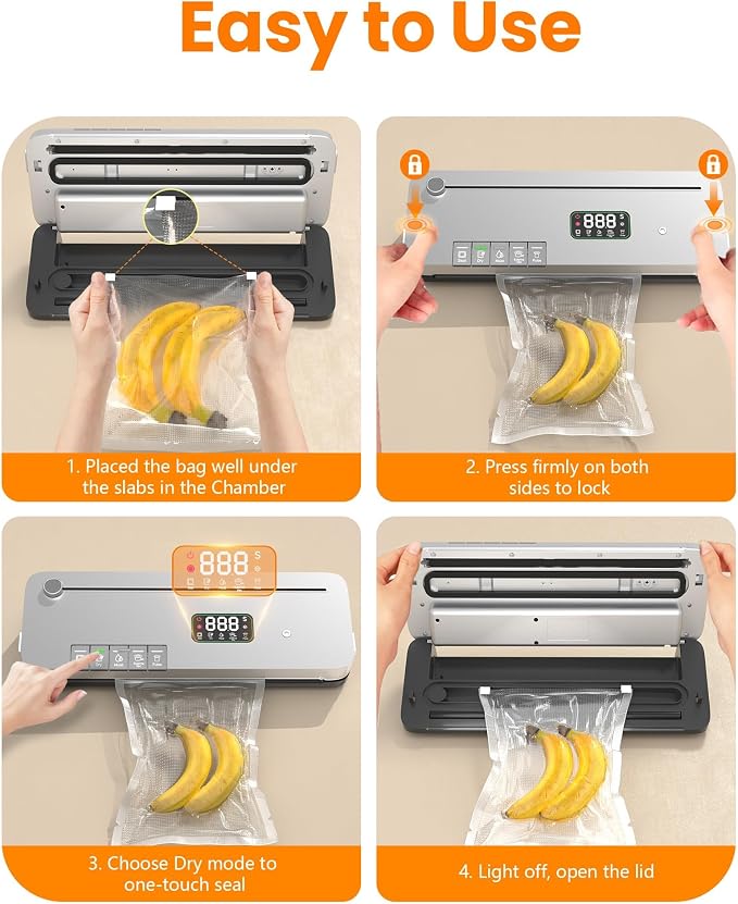 Food Vacuum Sealer Machine 75kPa, Built-in Cutter, Pulse Function, Digital Timer Dry/Moist Modes, External Vacuum for Jars, 20 Bags Included, Compact Design for Meal Prep Sous Vide and Bulk Storage - Image 4
