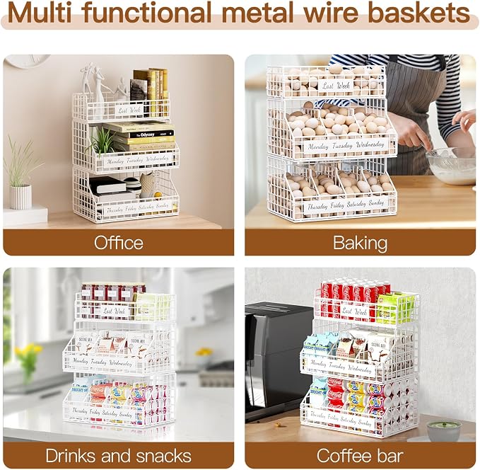 Egg Basket, Stackable Wall Mount Egg Holder Countertop with Weekday Labels | Rustproof carbon steel basket with adjustable dividers, ideal for backyard poultry, small kitchen & pantry storage, 2T White - Image 6