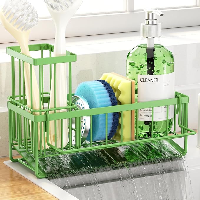 Sponge Holder for Kitchen Sink, Kitchen Sink Caddy, Kitchen Sink Sponge Holder, Dish Sponge Holder, Kitchen Sink Organizer for Sponge, Dish Brush, Scrubber(9.65" x 3.74" x 6.3", Avocado) by OERPHO