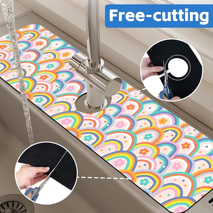 Boho Rainbow Hippie Floral Kitchen Sink Splash Guard Mat Absorbent Fast Drying Mat Faucet Draining Mat Sink Splash Guard Behind Faucet Drip Catcher for Kitchen Bathroom 5.5"×24" - Image 7