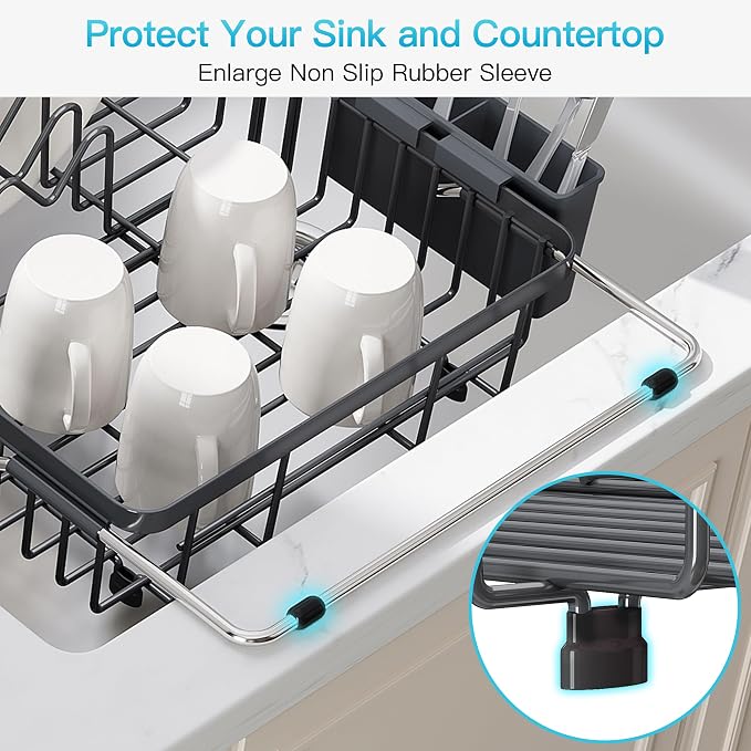 JASIWAY Gray Dish Drying Rack Over the Sink with Utensil Holder | Expandable Stainless Steel Dish Driainers for Small Kitchen, Apartment, Counter Space Saving, Fast Drain, Rust Resistant - Image 7