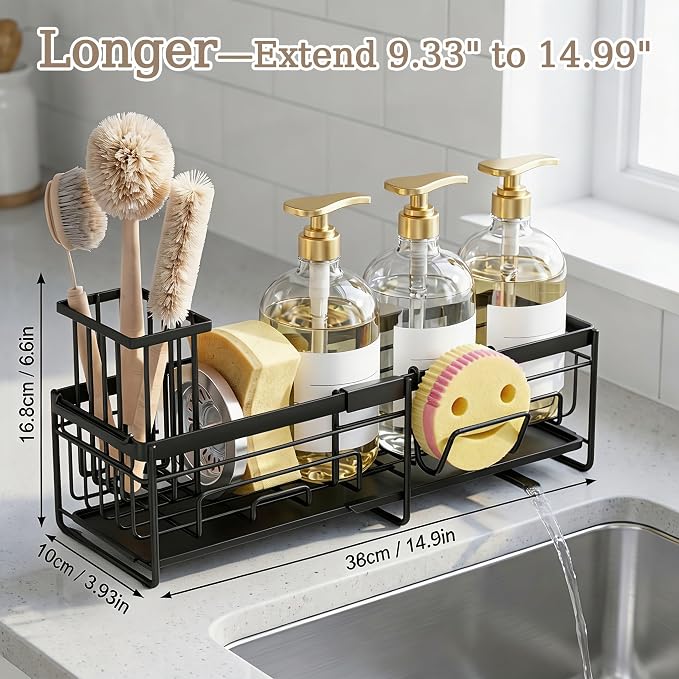 spospo Extendable Sponge Holder for Kitchen Sink Extra Large Sink Caddy | Adjustable Length Sink Caddy Organizer with High Brush Holder, Self-Draining Countertop Organizer - Image 3